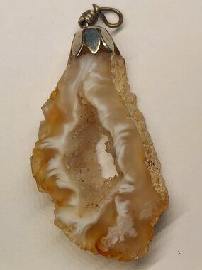 Vintage Natural Agate Geode 2" Pendant - Polished Slice w Quartz Crystal Center